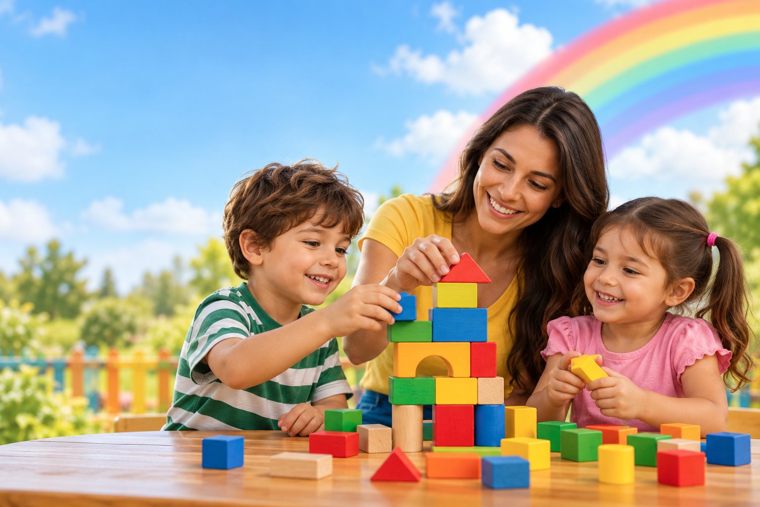 Professora sorridente com um menino e uma menina construindo uma torre de blocos coloridos, com um arco-íris ao fundo