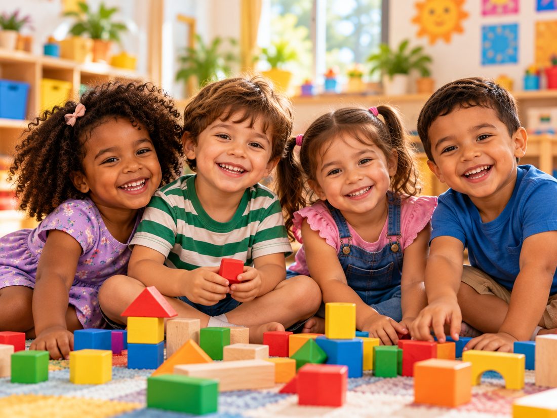 Quatro crianças sorrindo sentadas no chão entre blocos de madeira coloridos