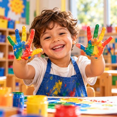 Menino mostrando as duas mãos pintadas com tinta colorida