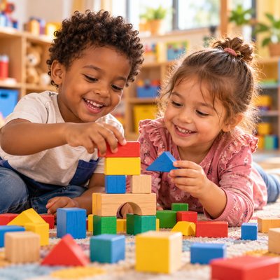 Duas crianças sorrindo enquanto empilham blocos de madeira