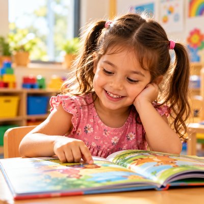 Menina sorrindo enquanto lê um livro de histórias