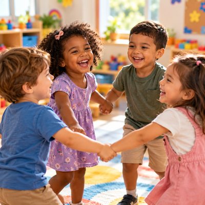 Quatro crianças de mãos dadas brincando de roda