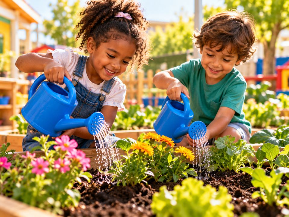 Duas crianças regando flores e plantas na horta da creche