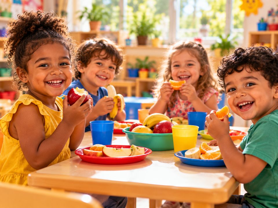 Quatro crianças sorrindo enquanto comem frutas no lanche da tarde