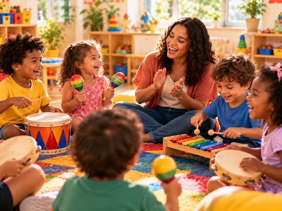 Roda de música com crianças tocando tambor, chocalhos e xilofone