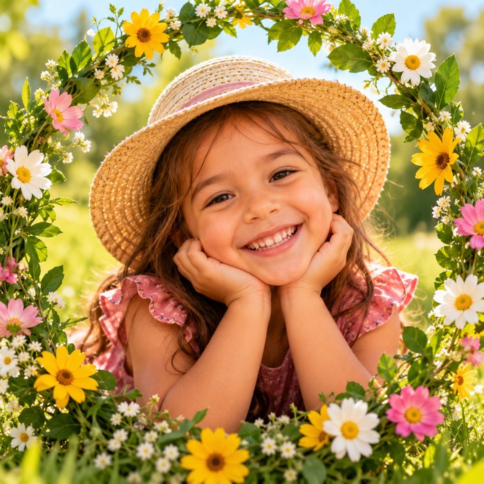 Menina sorrindo de chapéu de palha, apoiando o rosto nas mãos, cercada de flores