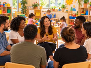Pais conversando em roda com uma educadora na creche